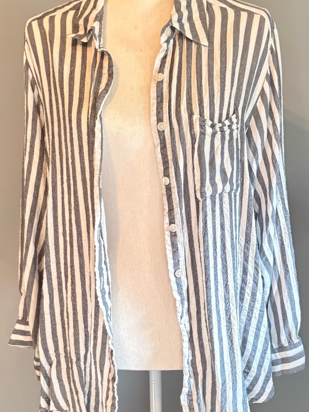 Striped Button-Up Shirt Jacket in Grey and White